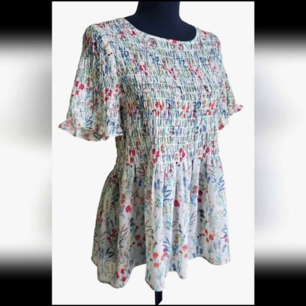 Rose & Olive Chiffon Ruffle Smock Peplum Top Blouse Short Sleeves Ditsy Floral